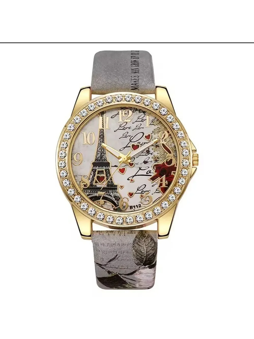 Elegant High Fashion Women’s Quartz Gold and Gray Eiffel Tower Love Watch Grey